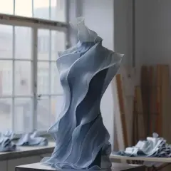 Sculpture en tissu bleu, aux formes fluides et ondulantes, évoquant une robe de haute couture. Une création d'art inspirée par l'IA mode.