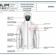 Dossier technique d'une veste blanche : détails sur la capuche, les manches raglan, les poches zippées et la composition en polyester.