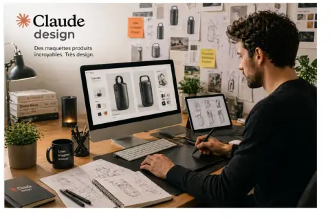 Un designer vêtement travaille sur des maquettes de produits sur son ordinateur et sa tablette. Esquisses et moodboards décorent le mur.