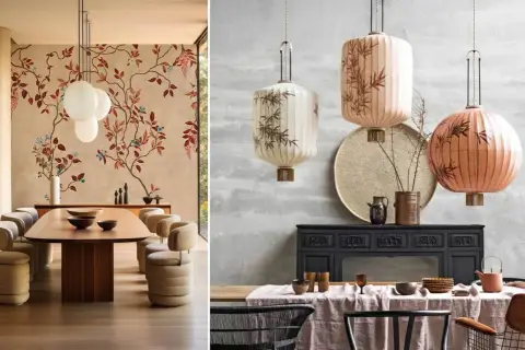 Décoration de salle à manger avec un motif chinois floral sur le mur de gauche et des lanternes décoratives de style asiatique à droite.