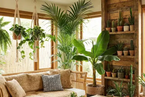 Un salon baigné de lumière, où les **motifs végétaux** des plantes luxuriantes créent une atmosphère tropicale apaisante. Canapé en rotin, coussins texturés.