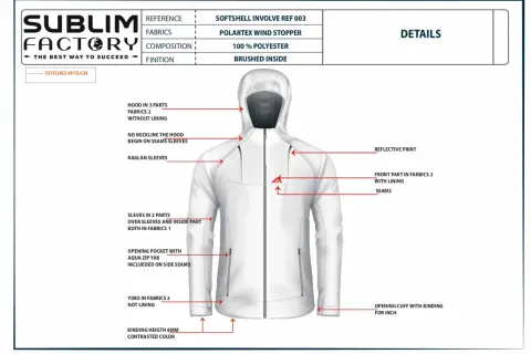 Dossier technique d'une veste blanche : détails sur la capuche, les manches raglan, les poches zippées et la composition en polyester.