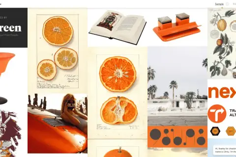Moodboard mode : orange, de la décoration aux agrumes, en passant par des illustrations botaniques et une voiture vintage.