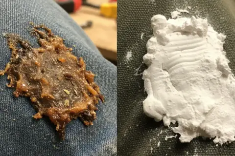Avant/après : comment enlever de la colle sur un vêtement. Un morceau de colle brune séchée sur du jean à gauche, et de la colle blanche poudreuse à droite.