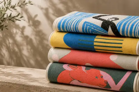 Pile de serviettes aux motifs graphiques colorés, réalisées en tissu jacquard. L'une représente une silhouette noire sur fond rayé bleu et blanc.