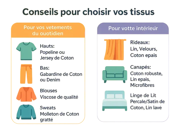 Conseils pour choisir vos tissus : vêtements du quotidien (coton, denim) et décoration intérieure (lin, coton épais). Chaque fibre naturelle a son usage.