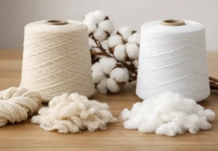 Deux cônes de fil de coton ring spun, de la bourre de coton et des capsules de coton sur une table en bois.