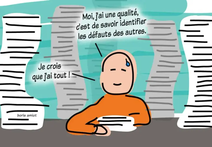 Un homme dit : "Je crois que j'ai tout !" tout en identifiant les défauts des autres, un exemple des inconvénients du modal.