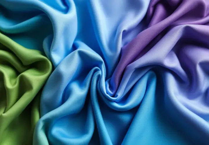 Drapé de viscose rayon aux couleurs dégradées, du vert au bleu puis au violet, évoquant un ciel changeant.
