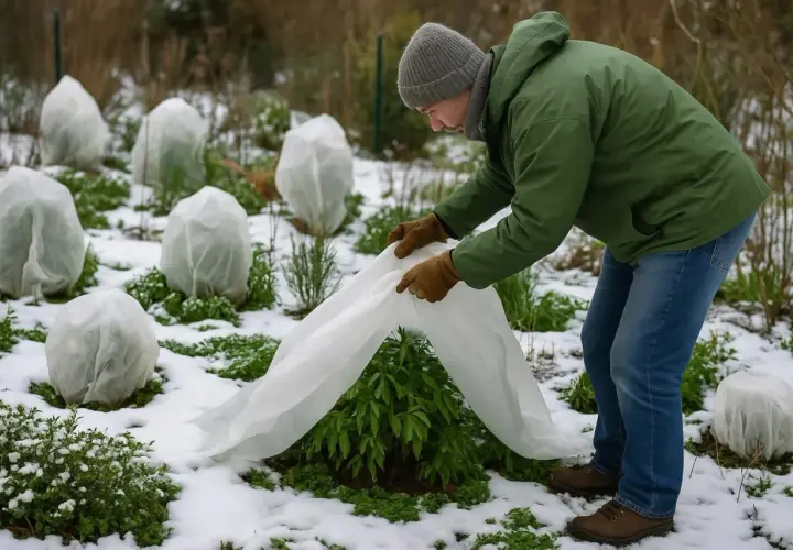 Un jardinier protège des plantes avec du **non tissé** sous la neige.