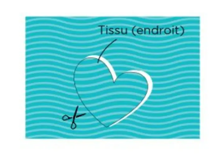 Un cœur dessiné sur un tissu bleu ondulé, prêt à être découpé pour un projet d'applique.