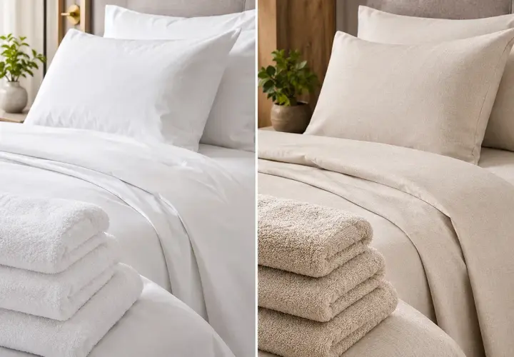 Comparaison de literie : blanc éclatant (coton ?) vs beige naturel (polyester ?). Douceur et texture contrastées.