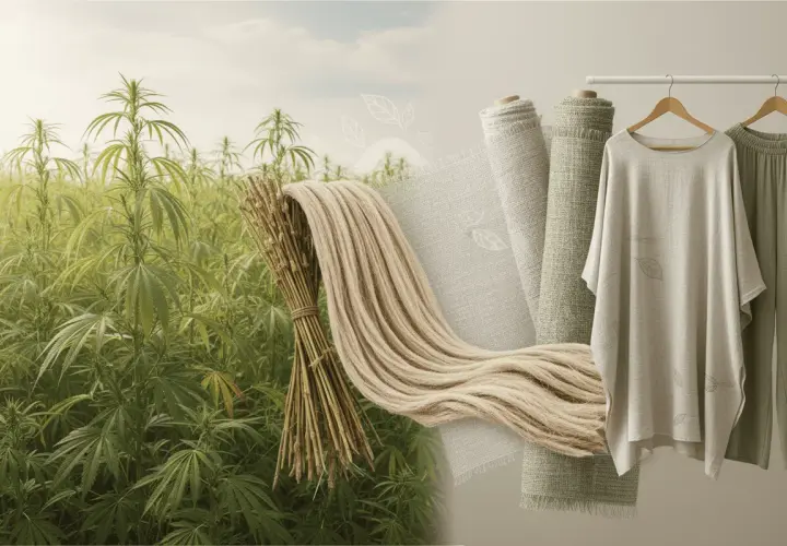 Champ de chanvre, bottes de paille, rouleaux de tissu et vêtements en fibre de chanvre, montrant le cycle de la matière première au produit fini.