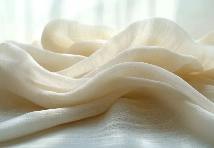 Drapé de tissu léger et aérien, un mélange viscose polyester, aux teintes crème et aux reflets doux.