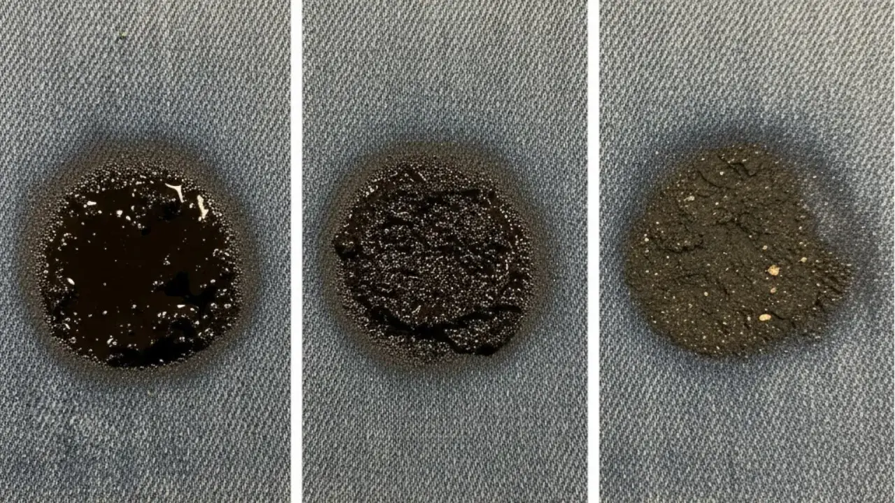 Trois étapes montrant comment enlever de la graisse mécanique sur un vêtement : tache liquide, pâteuse puis sèche.