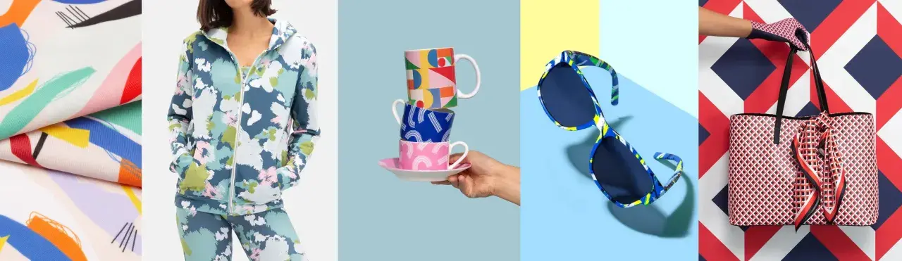 Collection d'objets aux motifs colorés et audacieux : tissu, survêtement, tasses, lunettes de soleil et sac. Une création textile vibrante.