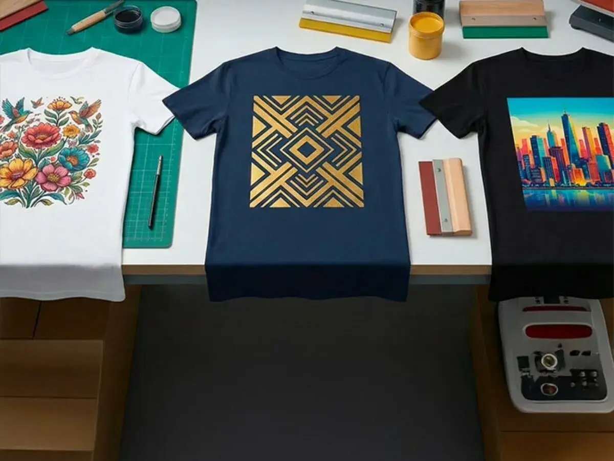 Trois t-shirts : un blanc avec des fleurs et des oiseaux, un bleu marine avec un motif géométrique doré, et un noir avec une ville colorée. Le processus de dtg printing est en cours.