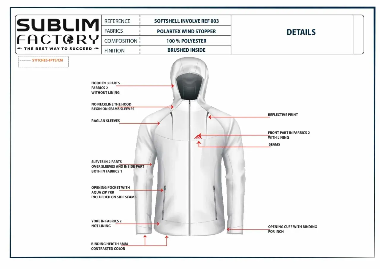 Dossier technique d'une veste blanche : détails sur la capuche, les manches raglan, les poches zippées et la composition en polyester.