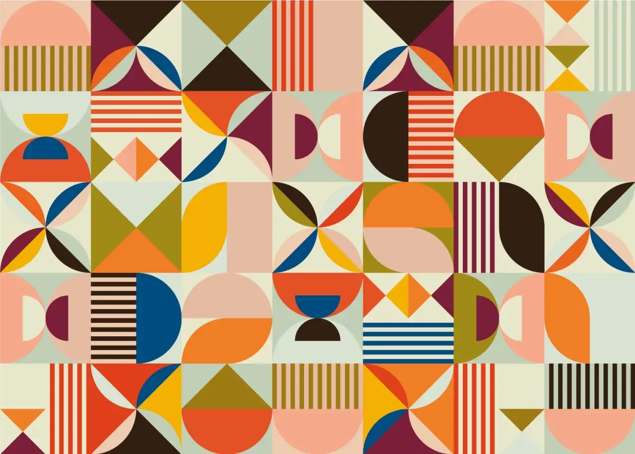 Motif géométrique coloré, parfait pour un motif wax à imprimer. Formes abstraites et lignes épurées dans des tons chauds et pastel.