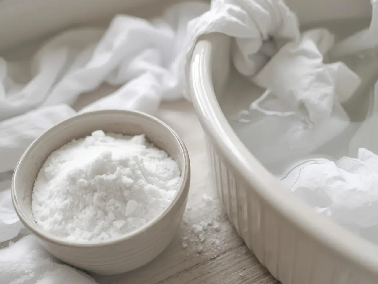 Poudre blanche dans un bol, prête à blanchir un vêtement trempé dans une bassine d'eau.
