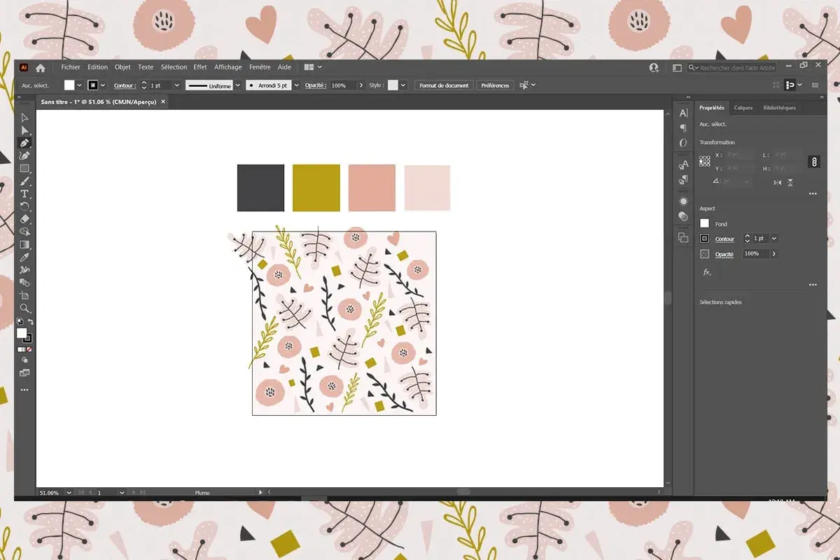 Un motif géométrique floral et abstrait aux couleurs pastel, créé dans un logiciel de design graphique.