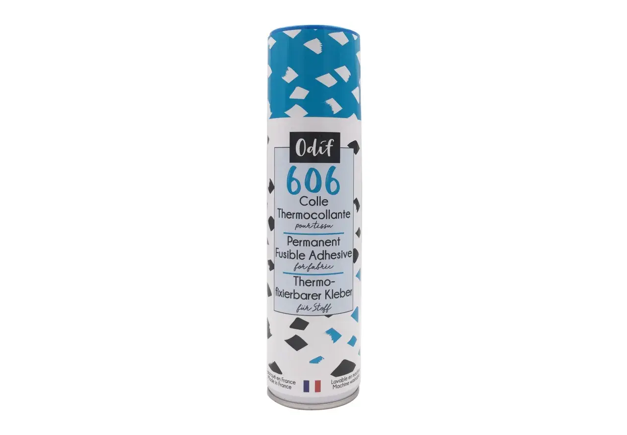 Bouteille de colle thermocollante Odif 606, idéale pour enlever colle thermocollant sur tissu et fixer durablement.