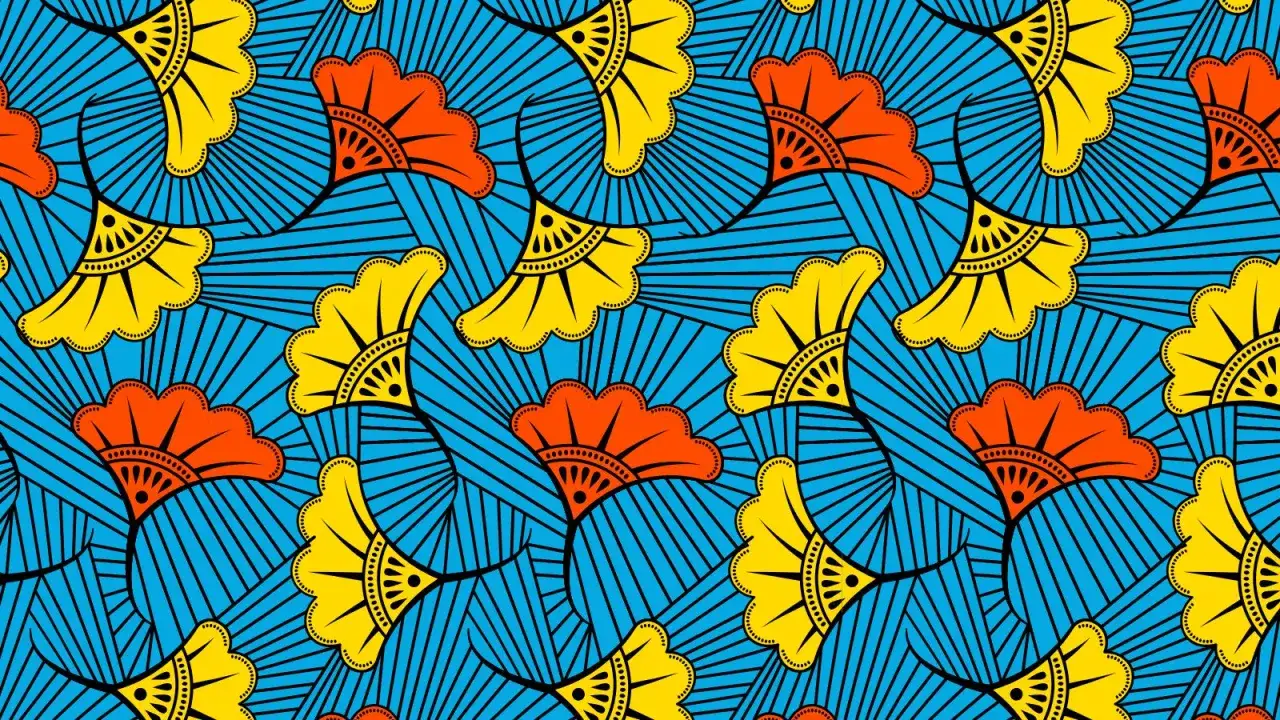 Motif wax &agrave; imprimer : &eacute;ventails stylis&eacute;s jaune et orange sur fond bleu ray&eacute;.