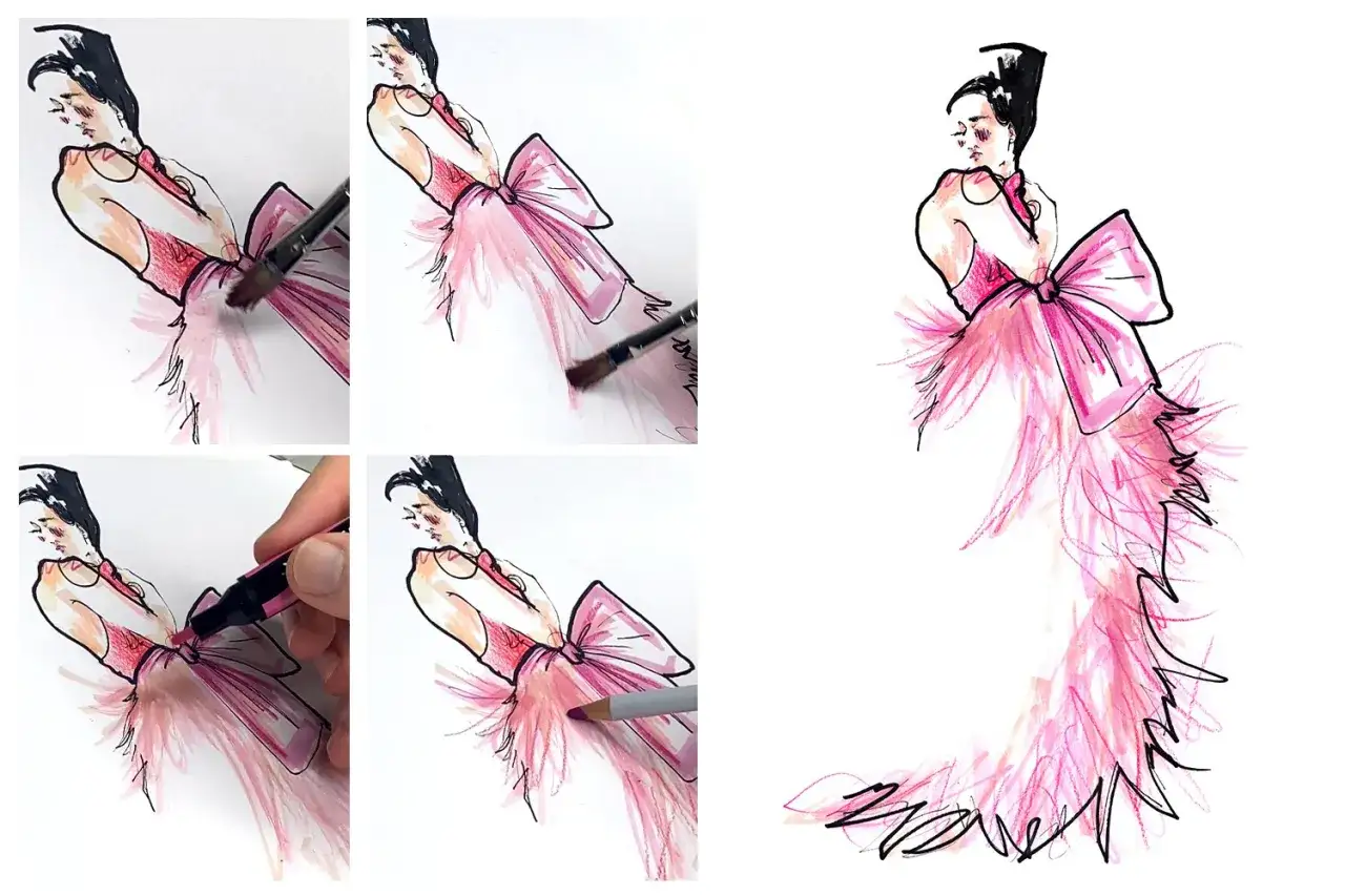 Un croquis de mode en cours de cr&eacute;ation, montrant une robe rose volumineuse avec un grand n&oelig;ud. Des touches de pinceau et de crayon ajoutent de la texture.