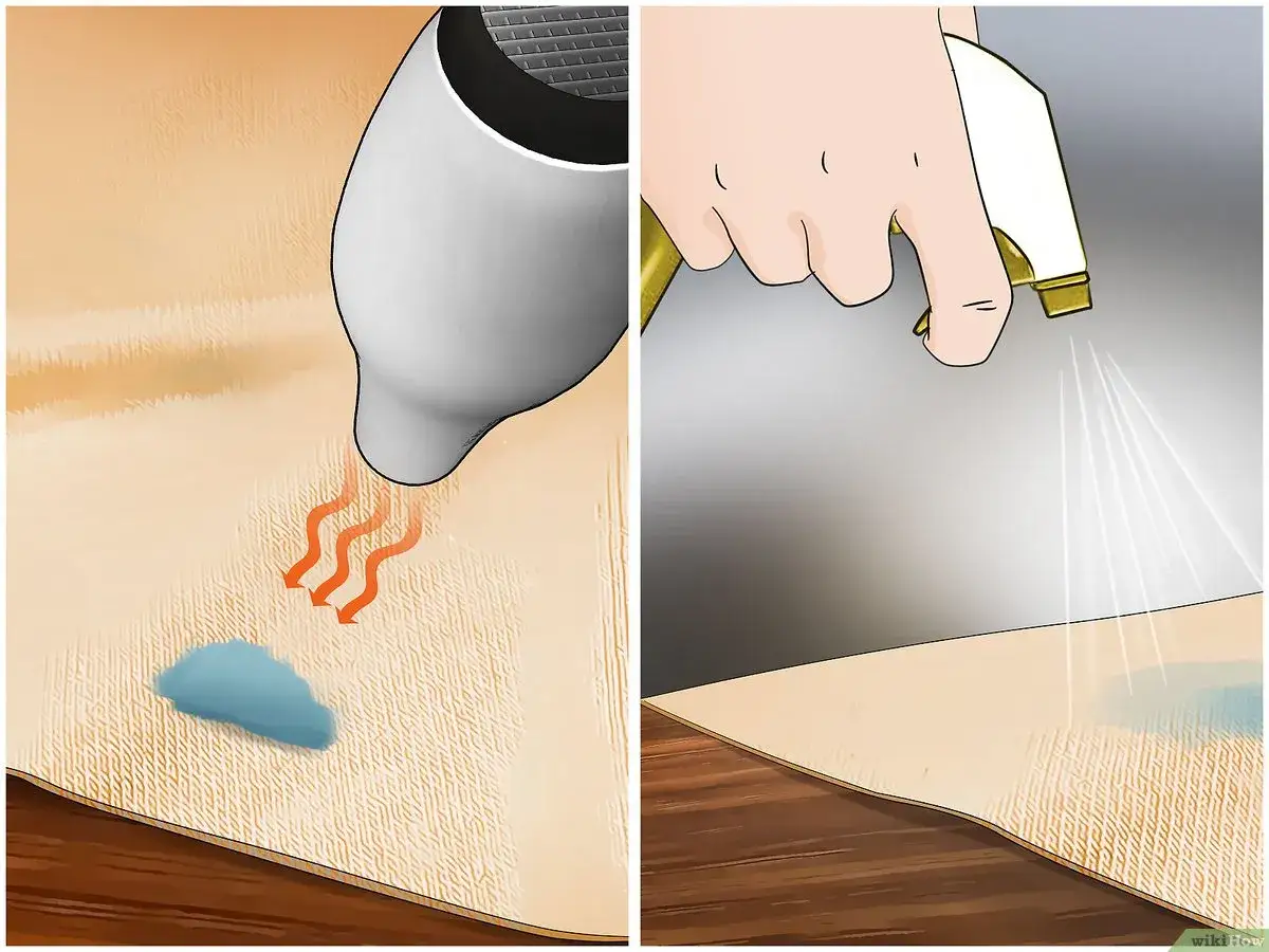 Utiliser un s&egrave;che-cheveux pour enlever colle sur tissu polyester, puis vaporiser.