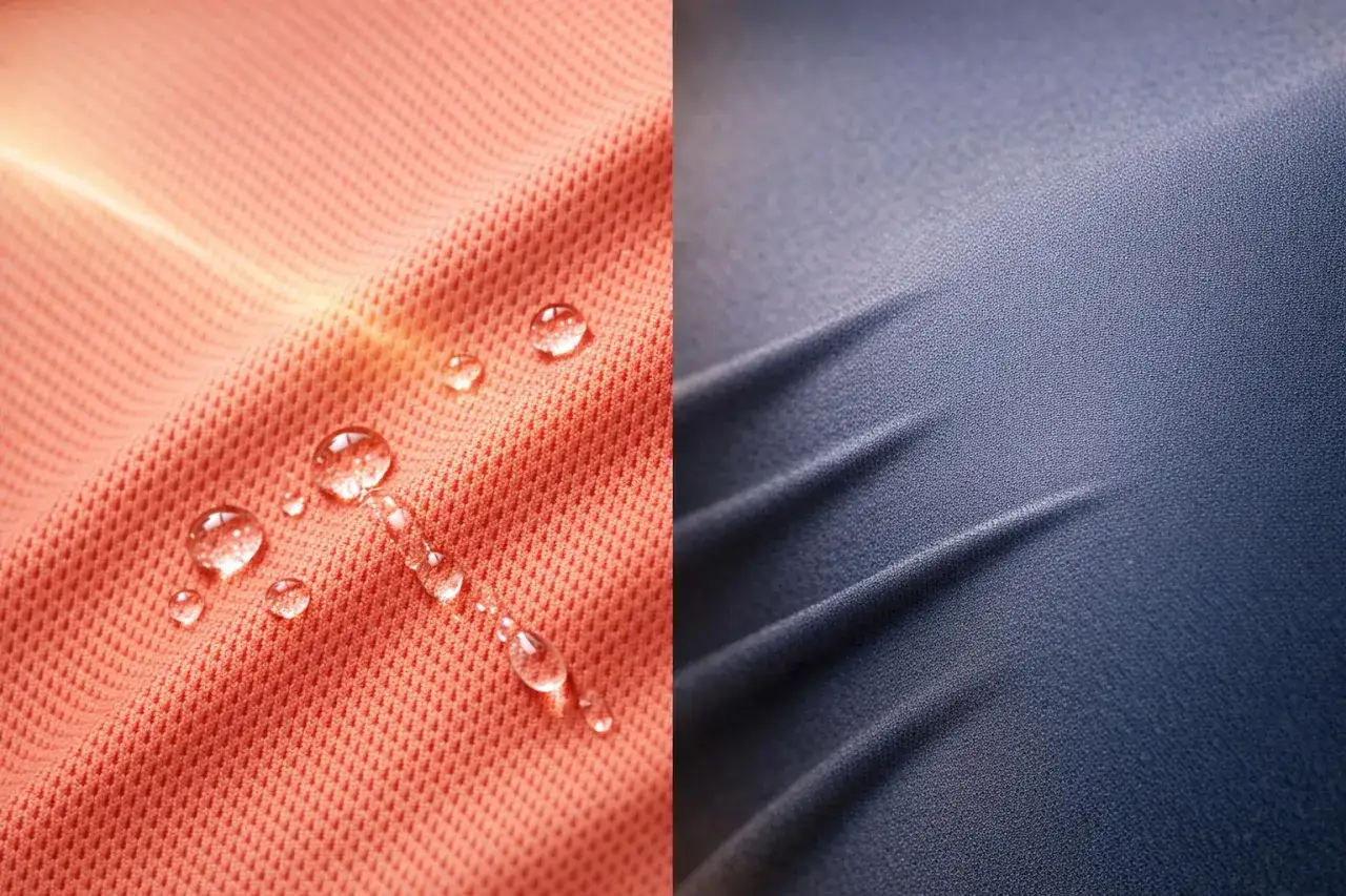 Tissu polyester orange avec des gouttes d'eau et tissu polyester bleu avec des plis.