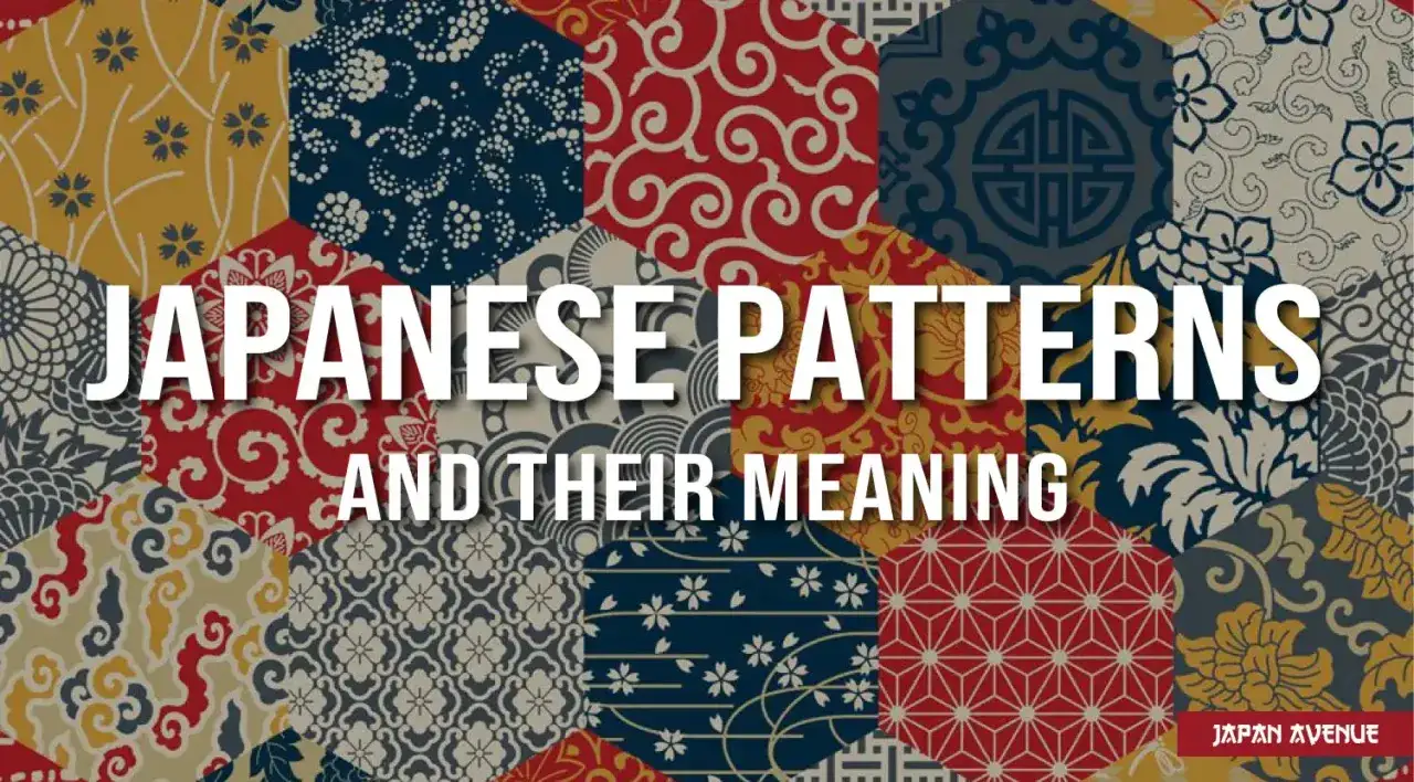 Mosaïque de hexagones aux motifs japonais variés : fleurs, vagues, formes géométriques. Le texte