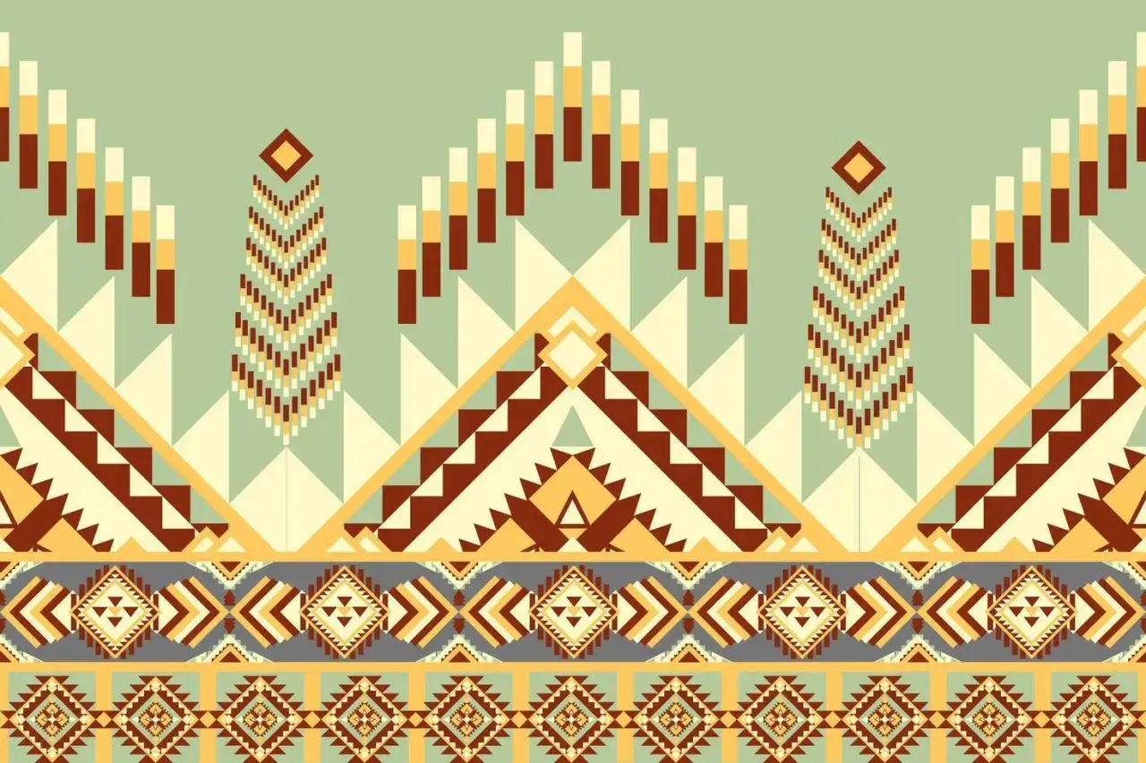 Un motif géométrique aux couleurs douces, évoquant un style amérindien, avec des formes triangulaires et des chevrons.
