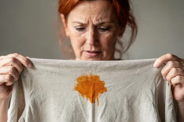 Une femme aux cheveux roux regarde avec inquiétude une tache orange sur un tissu clair. Est-ce que la peinture part au lavage ?